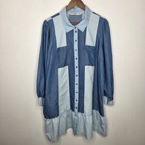 Kale Generation Womens Denim Button Up Dress Size 2X Patchwork Ruffled Boho Mini